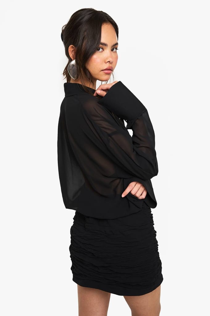 boohoo Dames Chiffon overhemdjurk met verlaagde taille en geraffelde details | Black | Maat: 8