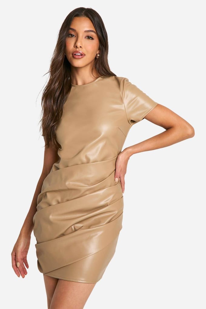boohoo Dames Pu Wrap Gerimpelde T-shirt Mini Jurk | Steen | Maat: 38