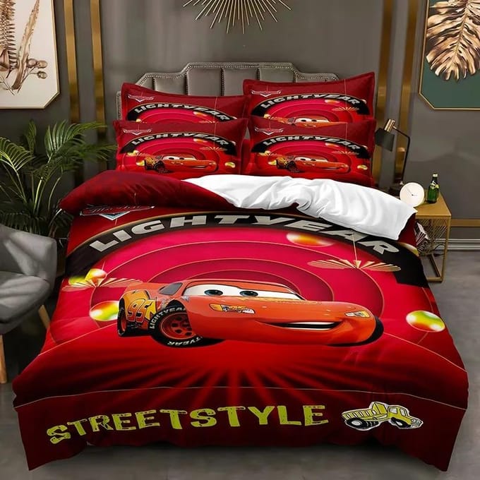 Parure de lit Dessin Animé Voitures Housse de couette Flash McQueen Linge de lit pour garçon Cadeau pour Enfants EU King(240*220cm)3pcs