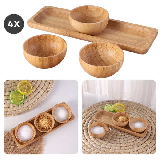 Cheqo® Bamboe Tapas Set - Serveerplank 21x7 cm - Inclusief 3 Schalen - Duurzaam Bamboe