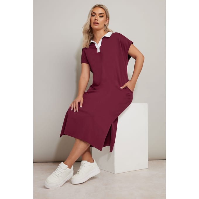 Yours Midaxijurk Van Katoen Met Open Kraag In Bessenrood Size 48