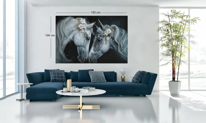 Canvas Schilderij - Witte Paarden met Bloemen - 120x80x2 cm