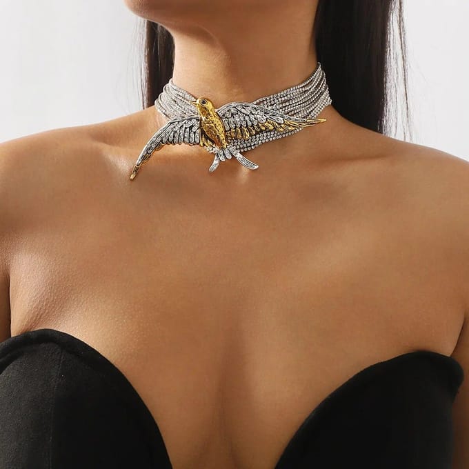 Collier ras du cou vintage multicouche en strass avec hirondelle d'oiseau argenté