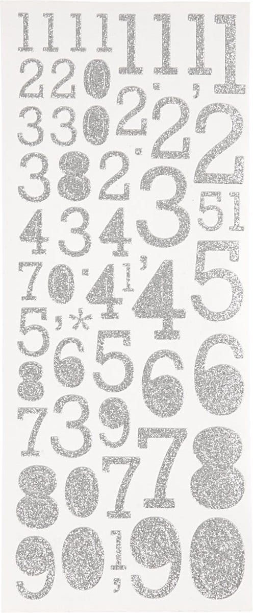 Glitterstickers, cijfers, vel 10x24 cm, zilver, 2 vel/ 1 doos