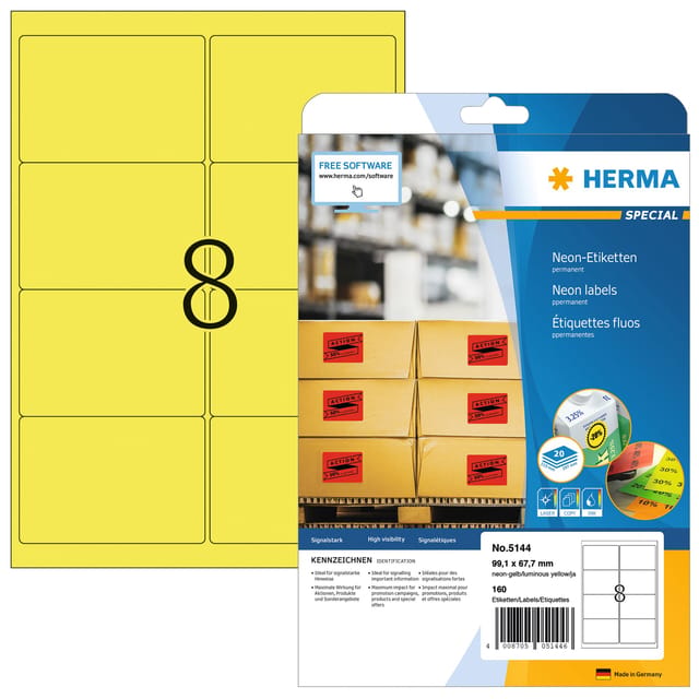 HERMA 5144 / Neon labels A4 99.1 x 67.7 mm luminous yellow permanent adhesion