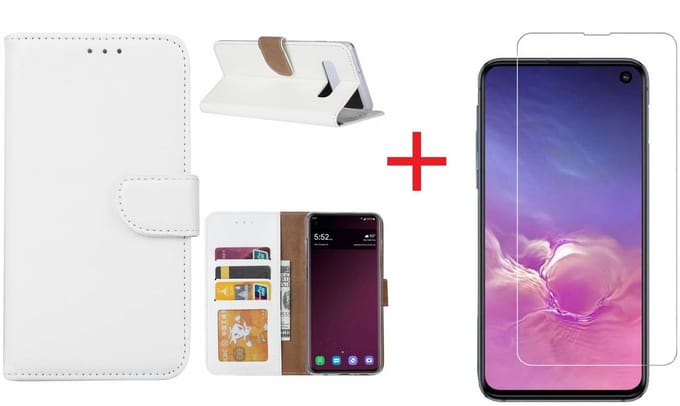 Ntech Hoesje Geschikt Voor Samsung Galaxy S10e portemonnee hoesje - Wit + Screenprotector glas