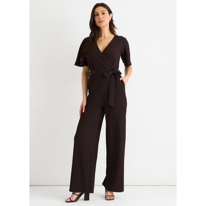 Trui wikkel-jumpsuit met wijde pijpen in chocoladestructuur