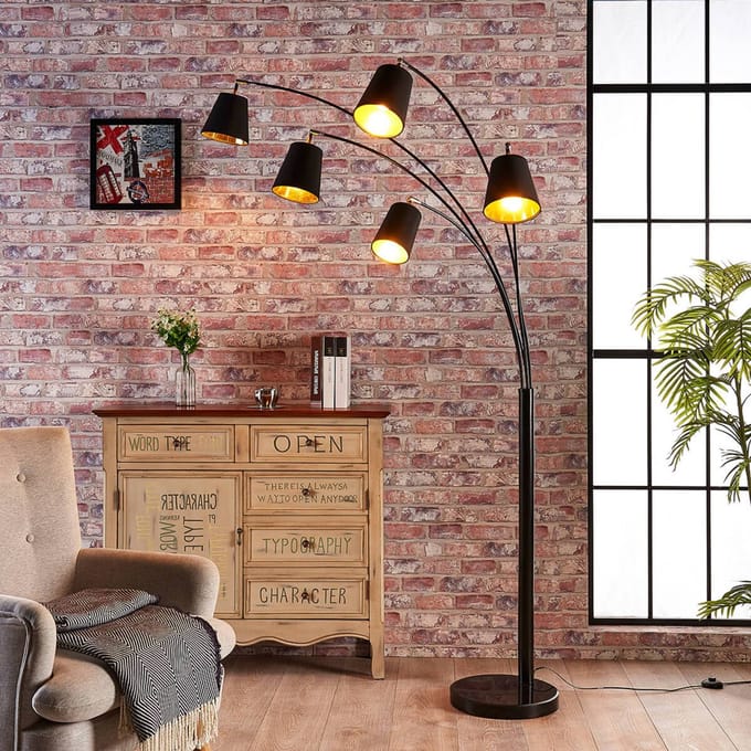 Lindby booglamp Tinne, zwart/goud, marmer, 5-lamps, E14