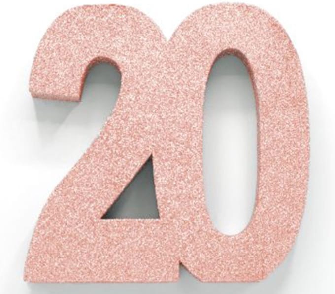 Tafeldecoratie verjaardag 20 rosegoud.