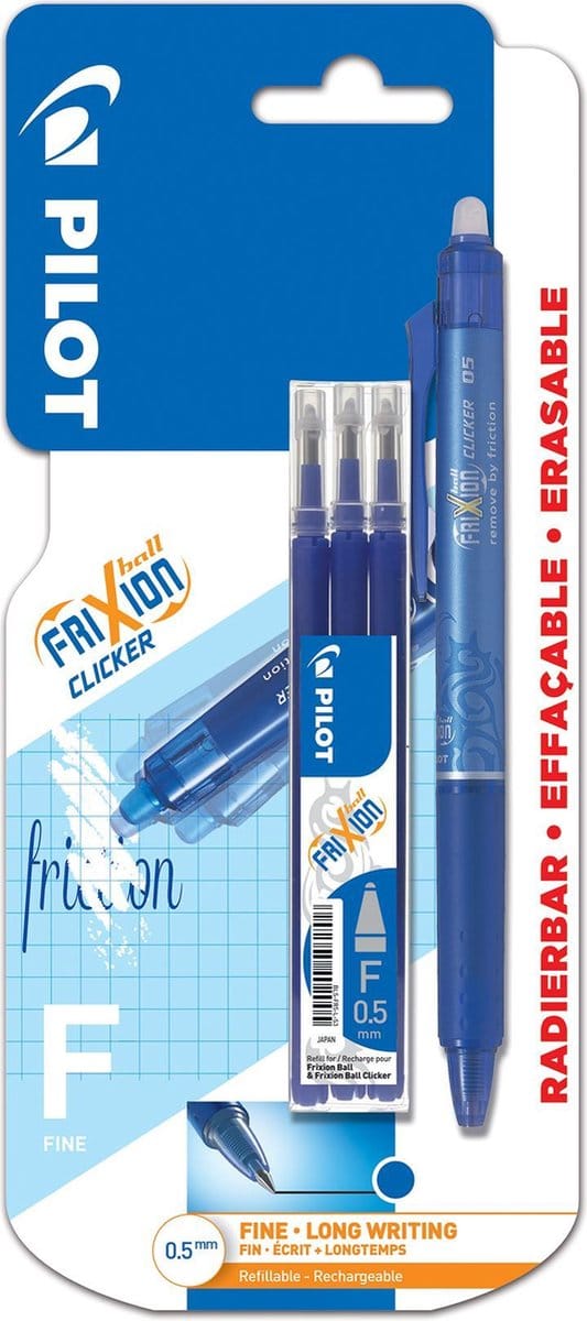 Pilot Frixion - Clicker Blauw 0.5 + 3 vullingen - op blister