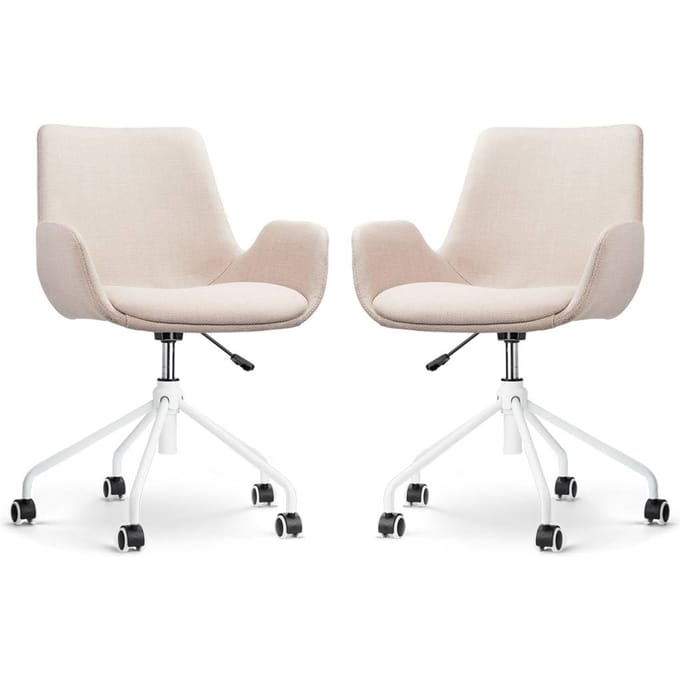 Nolon Nout-Eef Bureaustoelen Set van 2 Beige - Stof - Verstelbaar - Wielen - Wit Onderstel - Lage Armleuning - Modern - Design