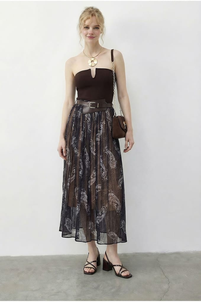Hoge Taille Paisley Maxi Rok met Ceintuur