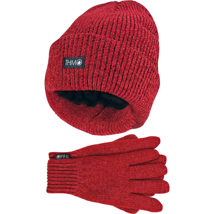 THMO - Dunsulate Chenille Muts & Handschoenen Set voor dames - Rood