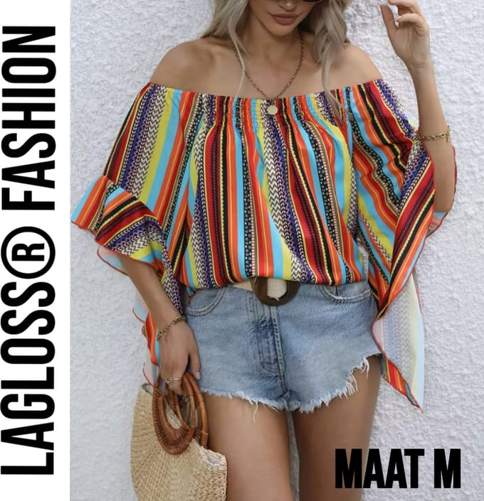 LaGloss® Gestreepte Korte Dames Off-Shoulder Blouse Met Ruches – Multicolor – Zomermode – Fashion – Casual – Maat M