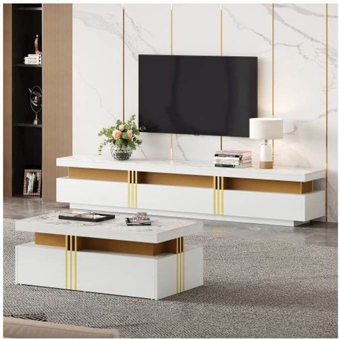 Meuble TV mural - MUVOE - Ensemble TV + table basse - Blanc - Plateau aspect marbre - Support 30 kg, jusqu'à 90 pouces blanc