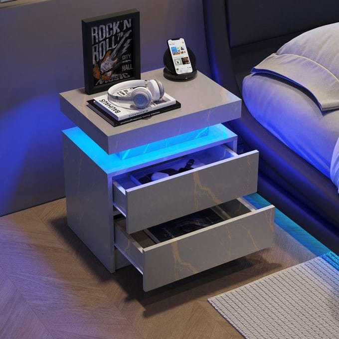 Table de nuit - MUVOE - Modèle LED - 2 tiroirs - LED multicolores réglables - Gris Or gris