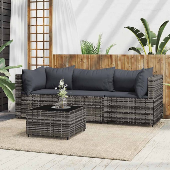 vidaXL - 4-delige - Loungeset - met - kussens - poly - rattan - grijs