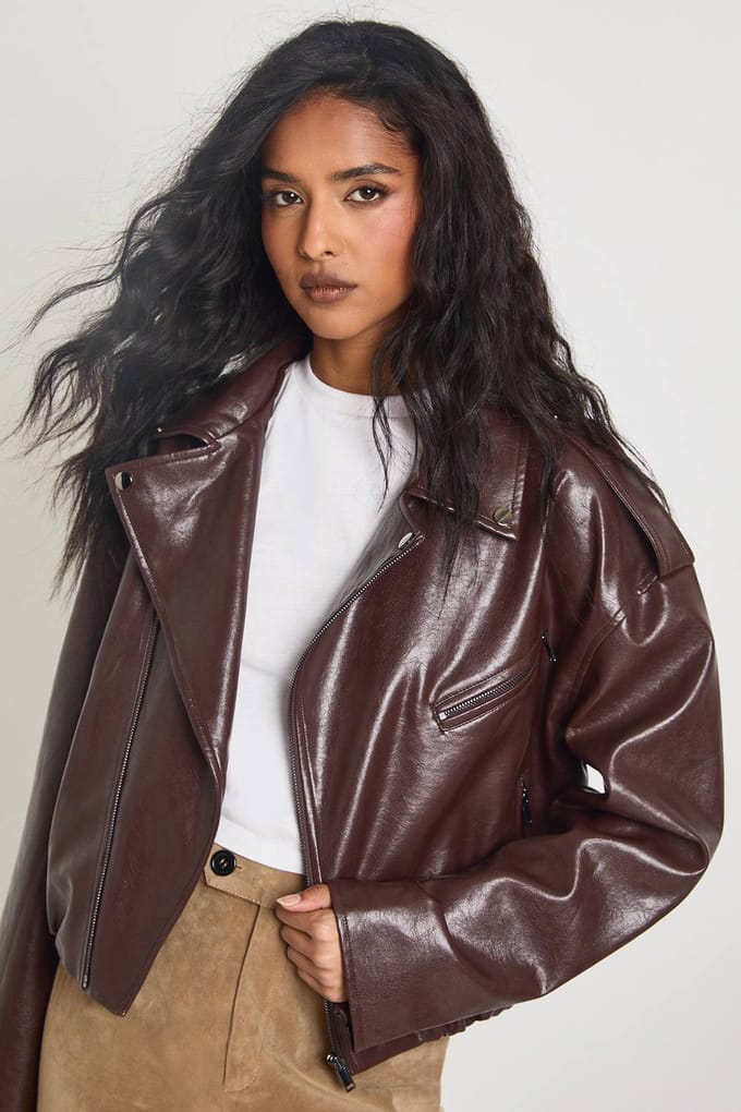 boohoo Dames Kunstleren Biker Jacket met Bubble Zoom | Bordeaux Rood | Maat: 36