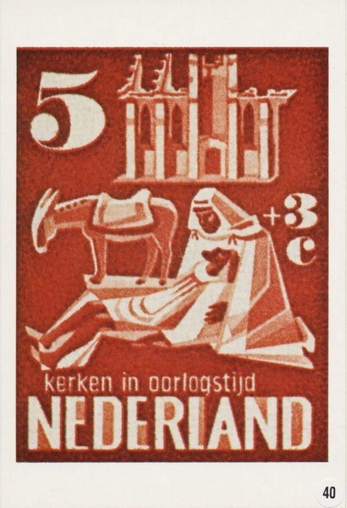 Briefkaart met afbeelding kerken in oorlogstijd postzegel