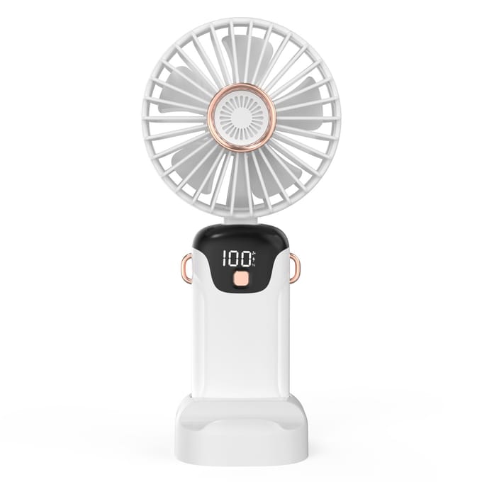 Ventilateur Portable Mini Ventilateur Électrique Portatif avec Écran LED Affichage de la Batterie Support 5 Vitesse de Vent Réglables blanc