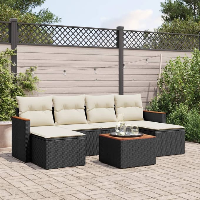 vidaXL - 7-delige - Loungeset - met - kussens - poly - rattan - zwart