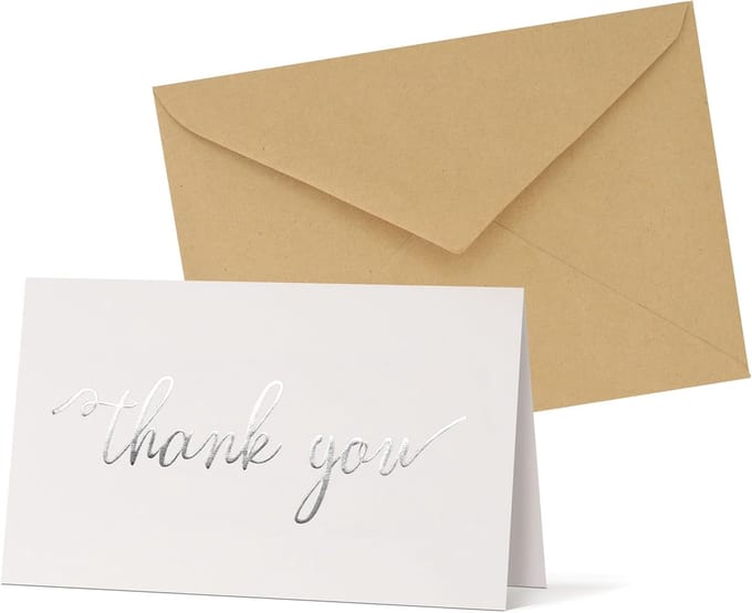 Set van 20 Luxe Bedankkaarten met Kraft Enveloppen | Wit met Zilveren Tekst