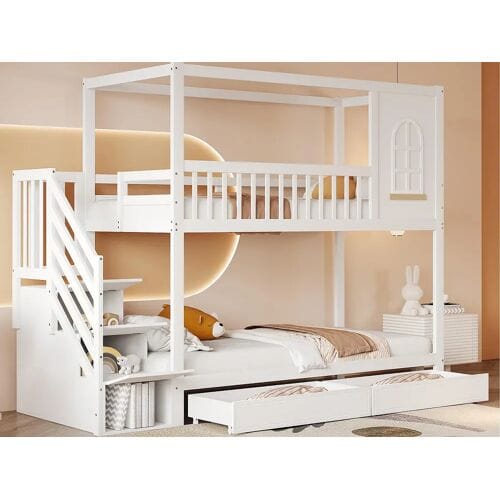 ModernLuxe Stapelbed 90x200cm in massief hout - 2 laden en opbergtrap - Wit