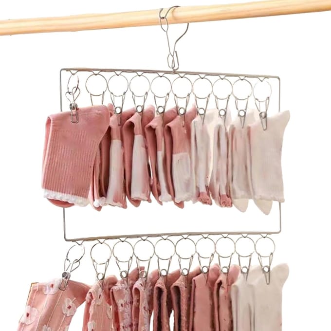 Wasclip organizer - Dubbele laag hangers - Kleding drogen - Antislip klemmen - Compact ontwerp - Zilverkleurig