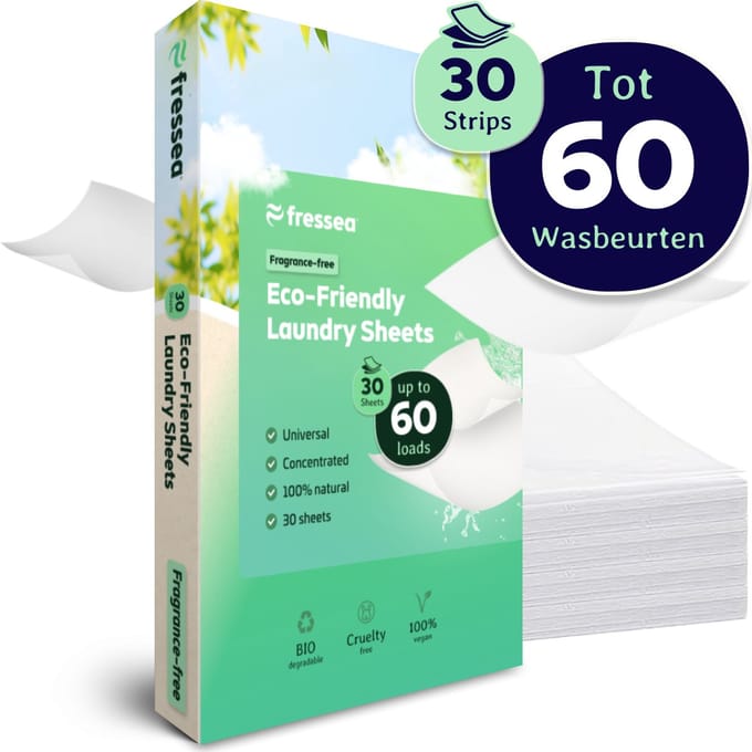 Fressea Wasstrips 60 Wasbeurten - Wasmiddel Strips - Plasticvrij & Vegan Wasmiddeldoekjes (Parfumvrij)