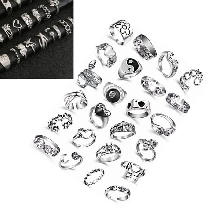 24 stuks Retro Herenring Metaallegering Zilverkleur Vintage Ring Modieus Punk Gothic Ring gray