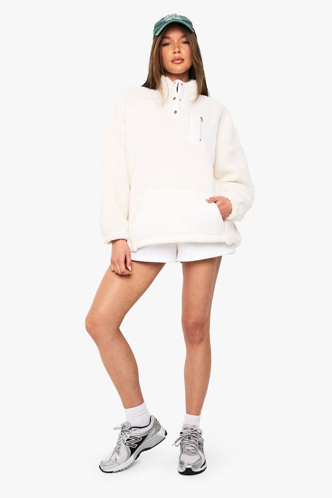 boohoo Dames Popper Trechterkraag Oversized Borg Sweatshirt | Creme | Maat: Small
