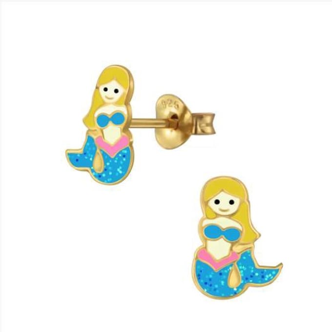 Zilveren kinderoorbellen - gold plated - zeemeermin - glitters