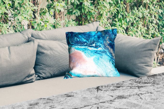 Buitenkussen - Marmerlook - Blauw - Goud - Luxe - Glitter - Marmer - 45x45 cm - Weerbestendig