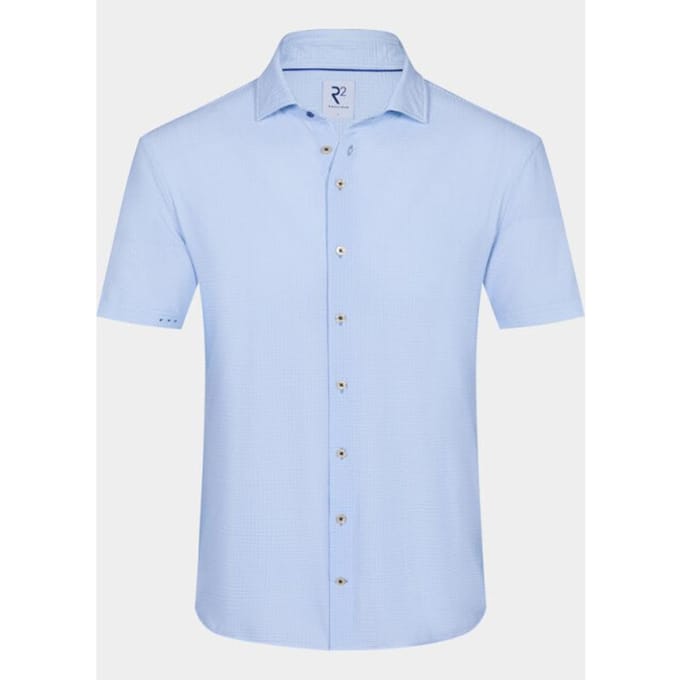R2 Short Sleeve Overhemd Seersucker Lichtblauw - Maat M - Heren - Overhemden Formeel