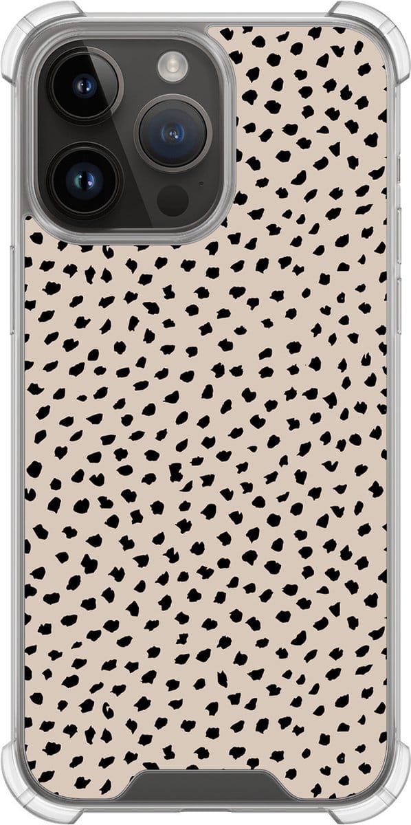 Shockproof hoesje - Geschikt voor iPhone 14 Pro Max - Almond dots - Extra sterke case - TPU/polycarbonaat - Gestipt - Beige, Transparant