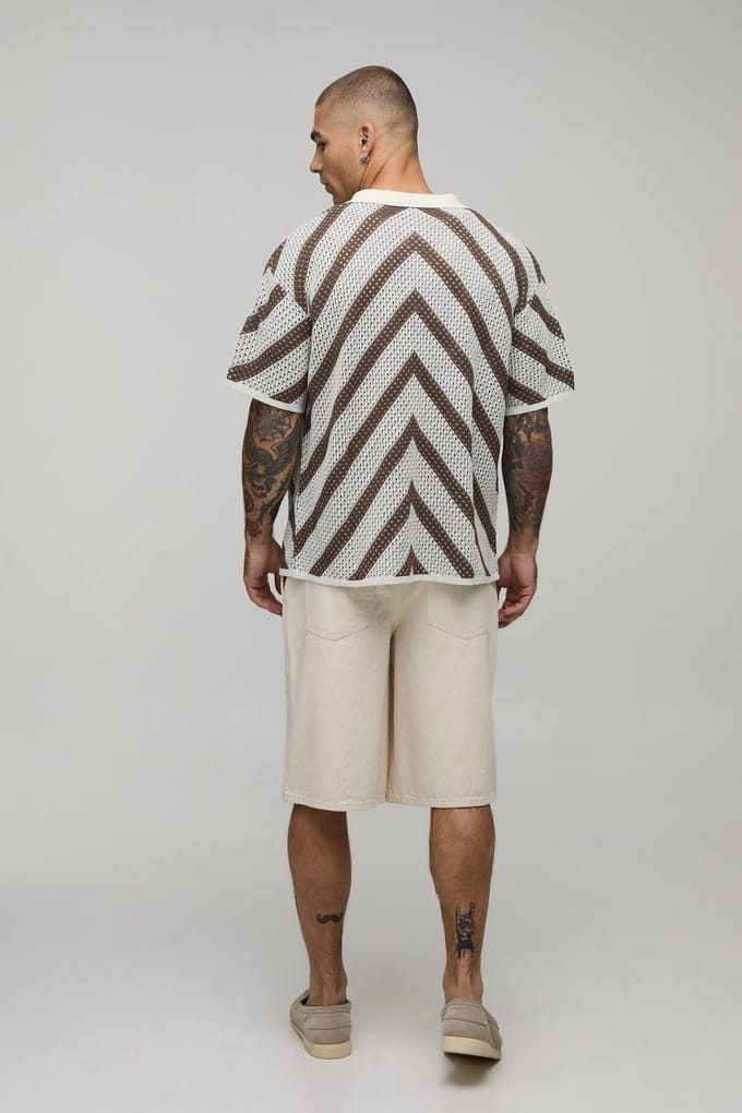 Gebreid Overhemd Met Ontspannen Pasvorm En Open Steek Streeppatroon | Brown | Size Medium