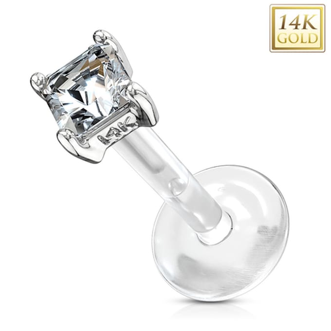 Piercing 14kt met vierkante witte steen 1.2x8x2.5 - wit goud - LMPiercings