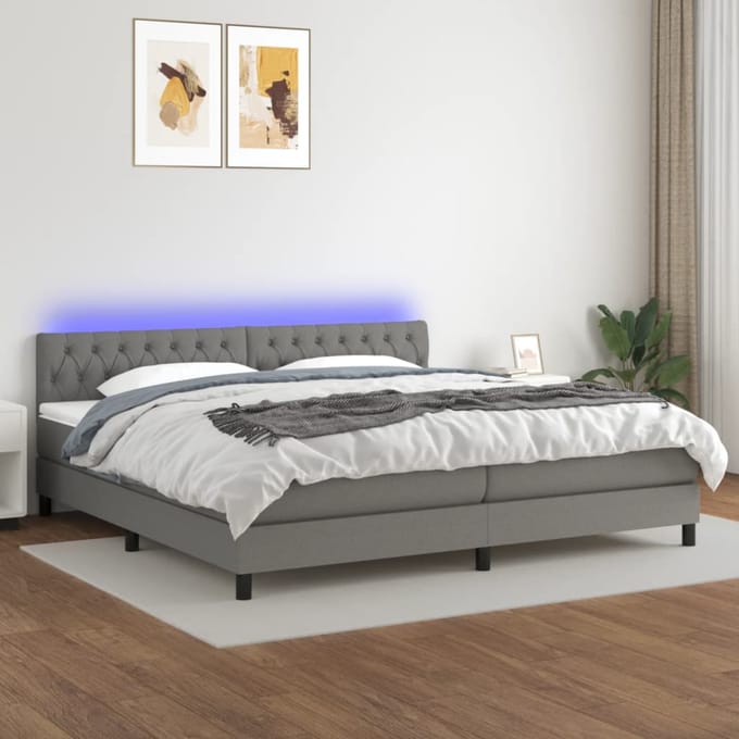 vidaXL - Boxspring - met - matras - en - LED - stof - donkergrijs - 200x200 - cm