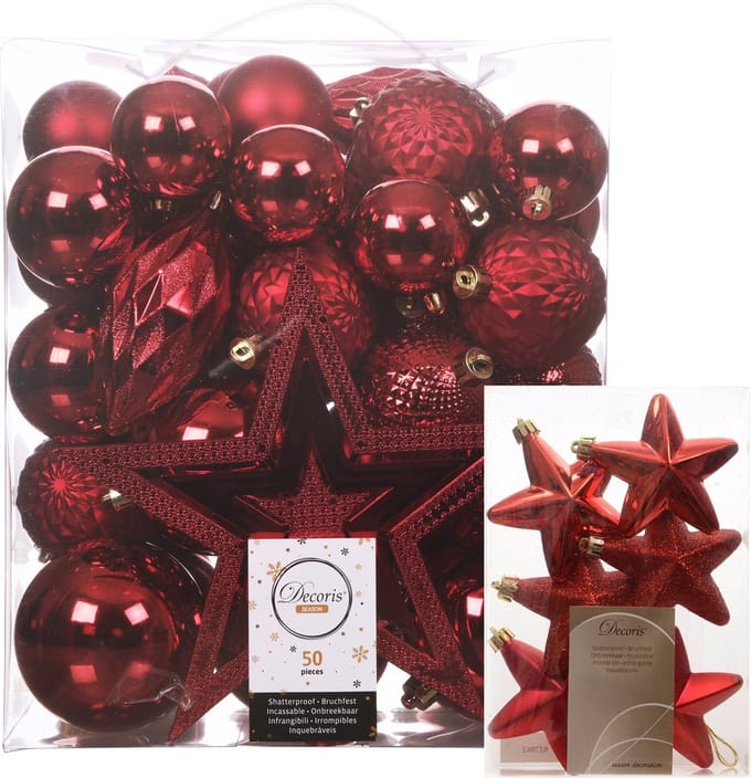 Kerstballen, kerstornamenten en piek - 56x stuks - rood - kunststof