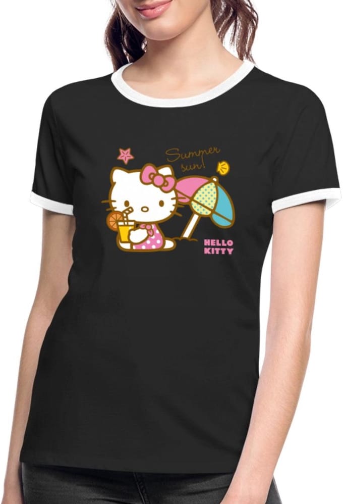 Hello Kitty Op Het Strand Onder Een Zonnescherm Vrouwen Contrast Shirt