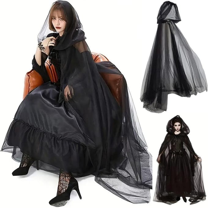 Cape de mort de sorcière en maille à capuche cape de vampire Adult One Size noir