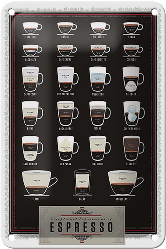 Blechschild Kaffee 12x18cm Sorten Espresso Mocha Americano Dekoration