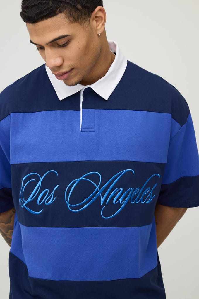 Los Angeles Gestreepte Rugby Polo Met Korte Mouwen | Navy | Size Medium