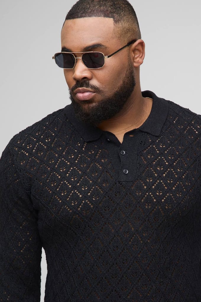 Plus oversized gehaakte poloshirt met lange mouwen | Black | Size 2XL