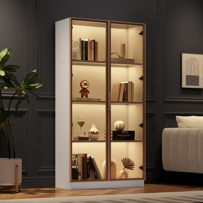 Vitrinekast - 80x40x160 cm - Dubbele Deur en LED - Met Beweegbare Planken - Glas en MDF - Wit