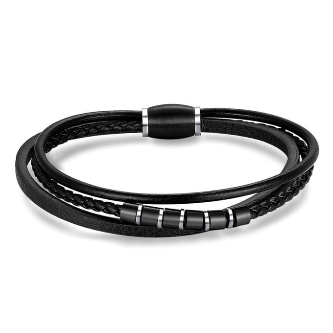 Twice As Nice Armband in edelstaal, zwart leer en mat staal 21cm