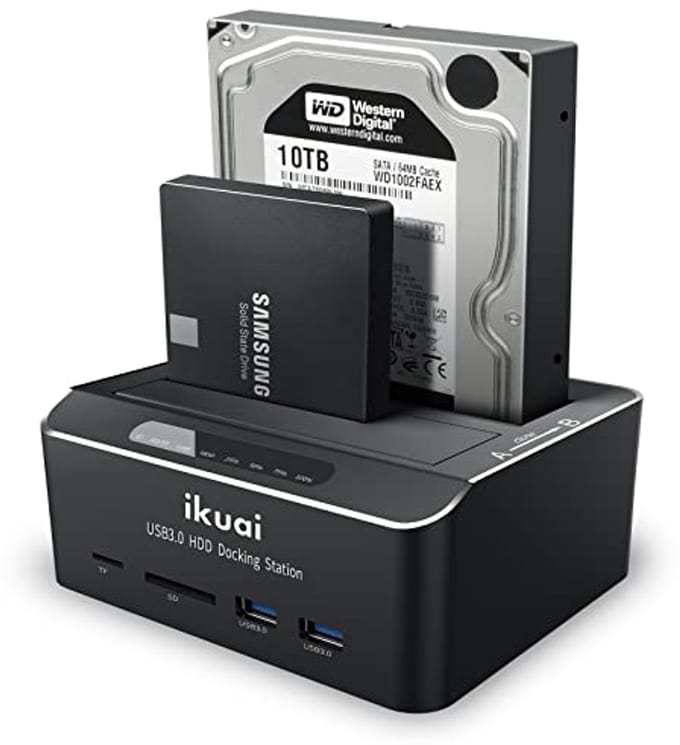 Dual Bay Hard Drive Dock SATA naar USB 3.0 voor 2.5" en 3.5" HDD en SSD met SD TF Card Reader