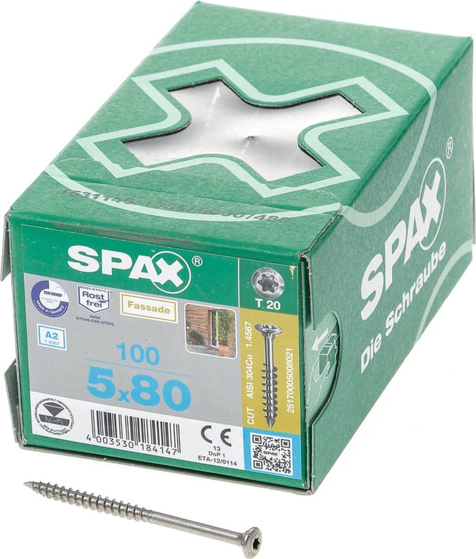 Spax - Gevel en Schuttingschroeven - Torx 20 Lenskop - 5 x 80mm Deeldraad - RVS (100 stuks)