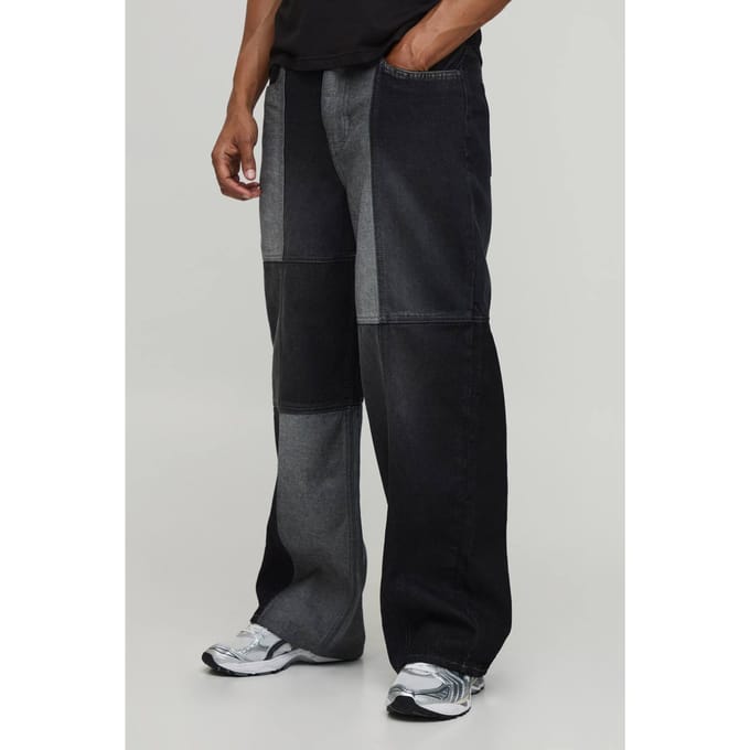 Multi Patchwork Baggy Fit Jeans | Washed Black | Size 50R