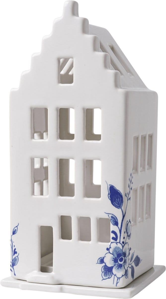 Heinen Delfts Blauw - Waxinelichthouder huis - trapgevel - Delfts blauw - 17 cm